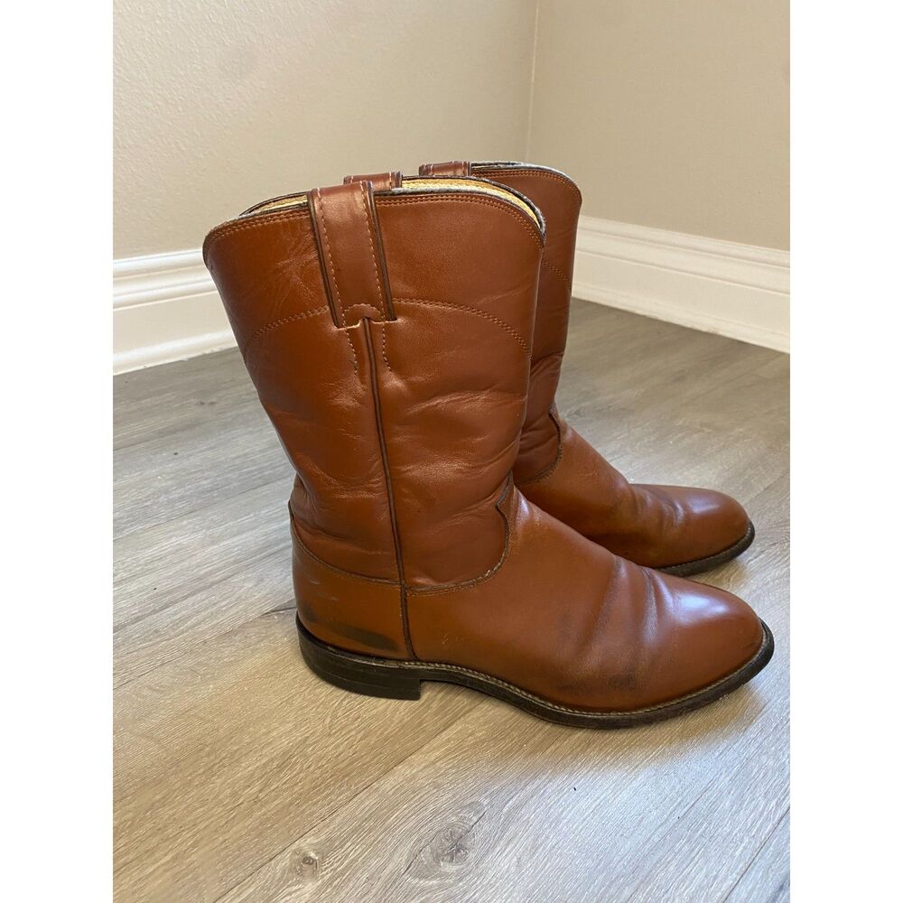 Justin 3802 Men's 8.5 EE Brown Leather Western Roper Cowboy Boots made in USA